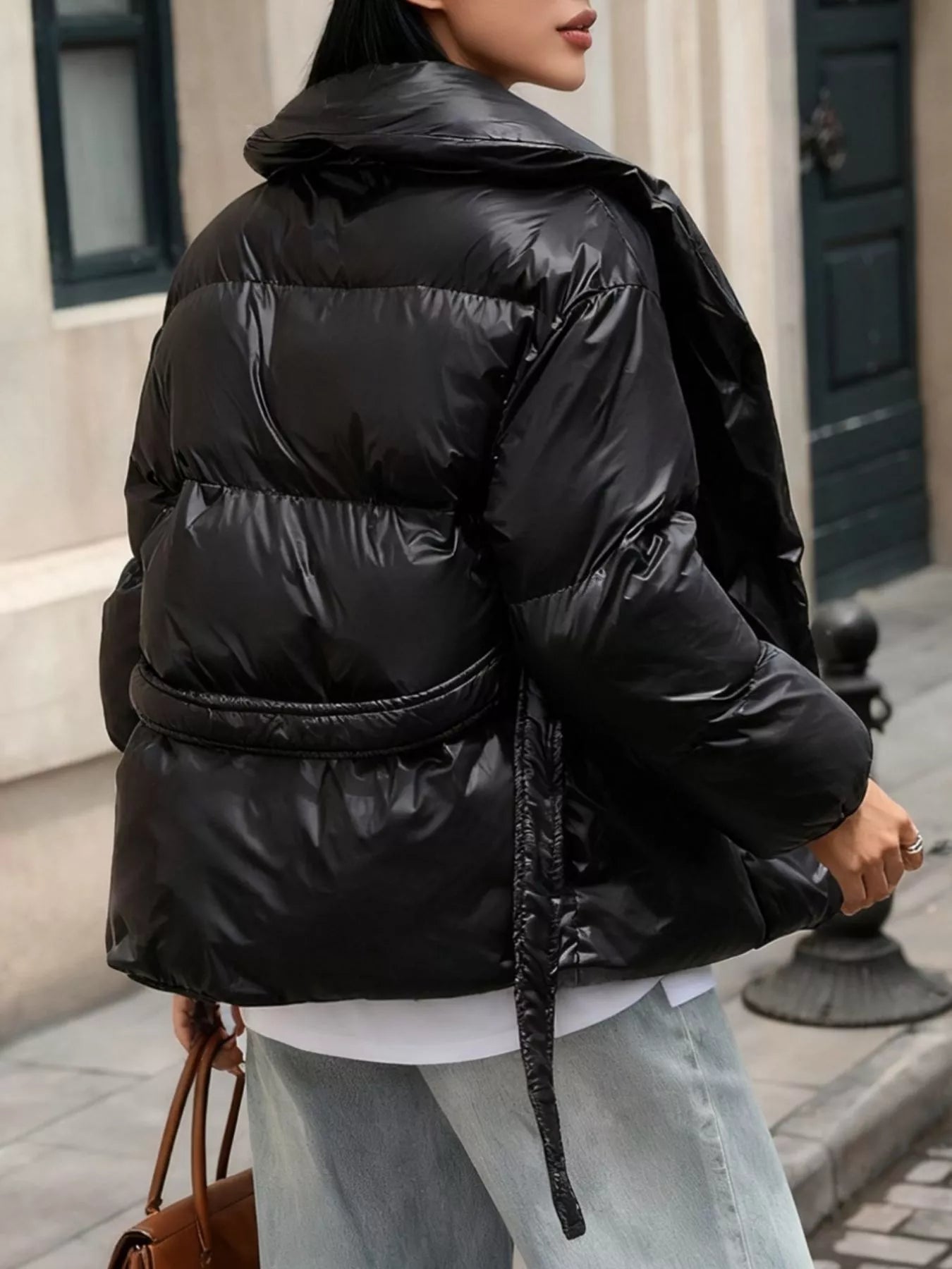 Daverri belted puffer jacket with shiny quilted exterior and hood