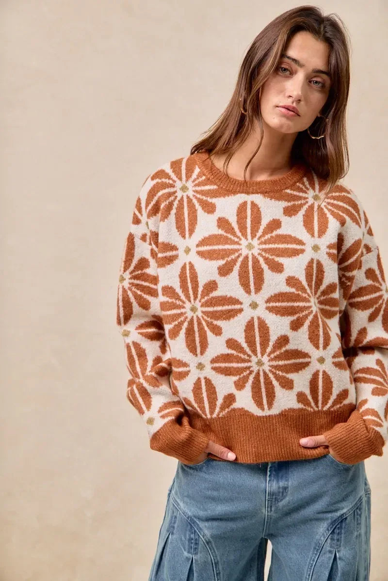 BiBi Flower Pattern Long Sleeve Sweater - DAVERRI FASHIONS