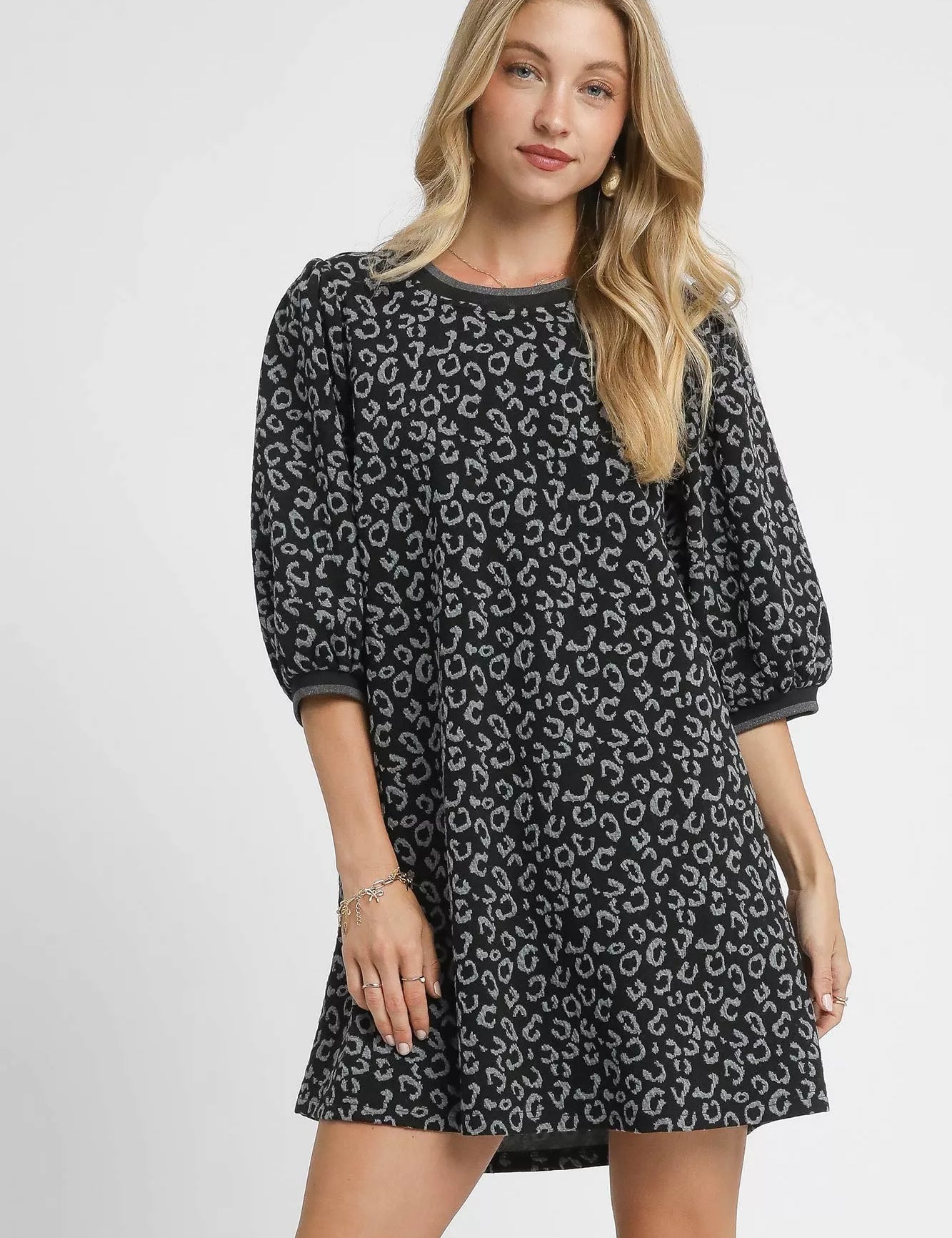 CHARCOAL Umgee Leopard Print Jacquard Mini Dress | Mini Dresses Daverri Fashions