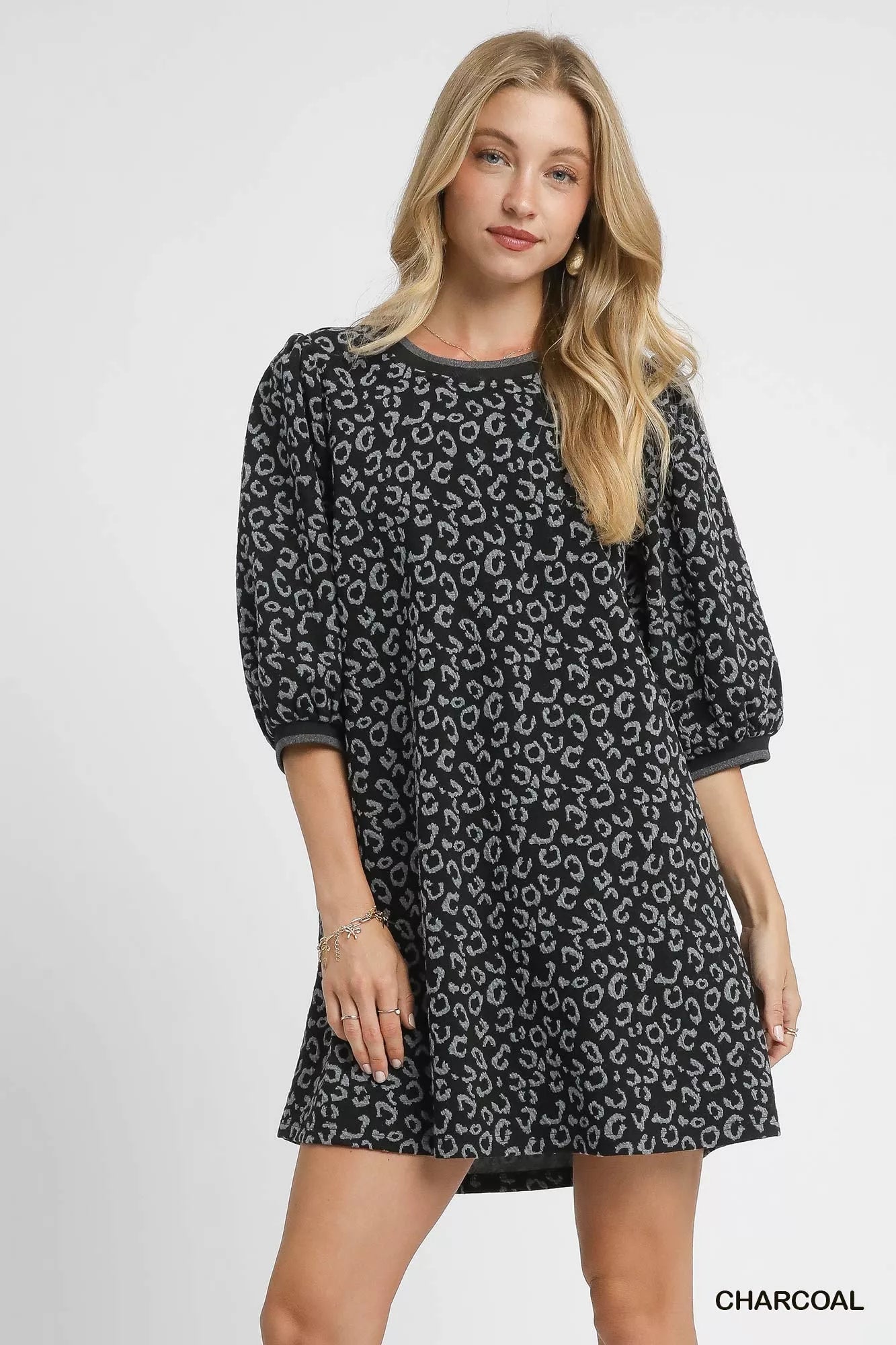 CHARCOAL Umgee Leopard Print Jacquard Mini Dress | Mini Dresses Daverri Fashions