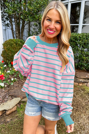 Orange Stripe Trimmed Round Neck Drop Shoulder Loose Sweater | Sweaters Daverri Fashions
