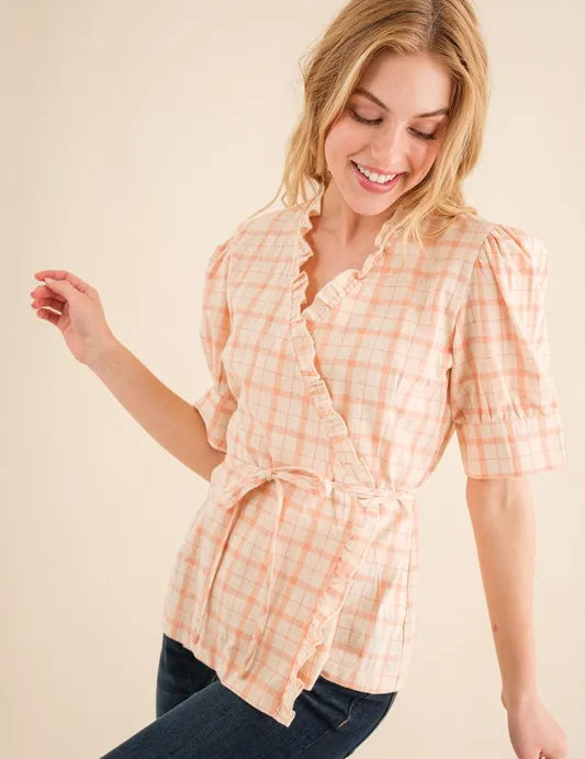 And The Why Plaid Patterned and Ruffled Wrap Blouse Top | Daverri Fashions