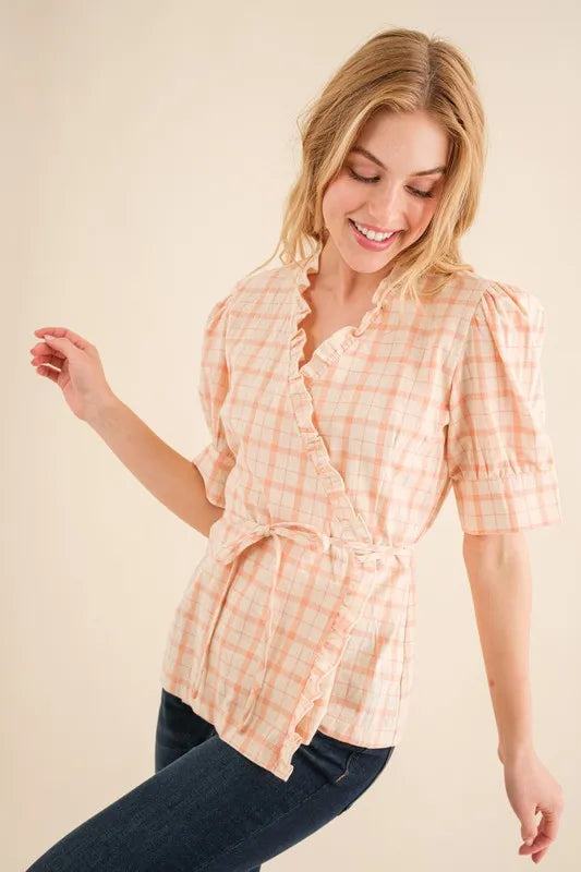 And The Why Plaid Patterned and Ruffled Wrap Blouse Top | Daverri Fashions