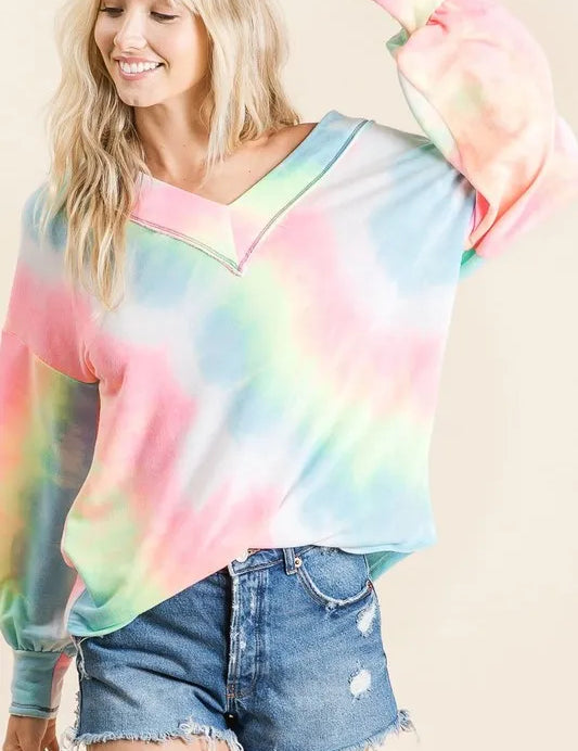 PINK MULTI BiBi Tie Dye French Terry V-Neck Top with Puff Sleeves | Tops Daverri Fashions