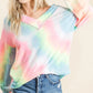 BiBi Tie Dye French Terry V-Neck Top with Puff Sleeves PINK MULTI Tops