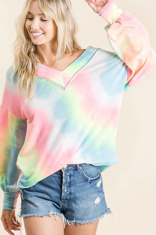 BiBi Tie Dye French Terry V-Neck Top with Puff Sleeves PINK MULTI Tops