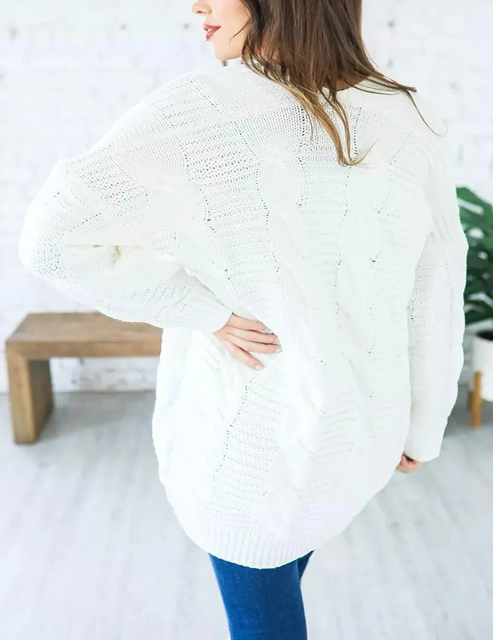 White Cable-Knit Open Front Long Sleeve Cardigan | Cardigans Daverri Fashions