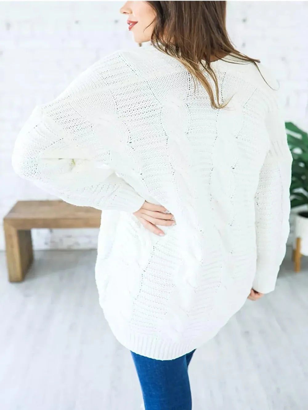 White Cable-Knit Open Front Long Sleeve Cardigan | Cardigans Daverri Fashions