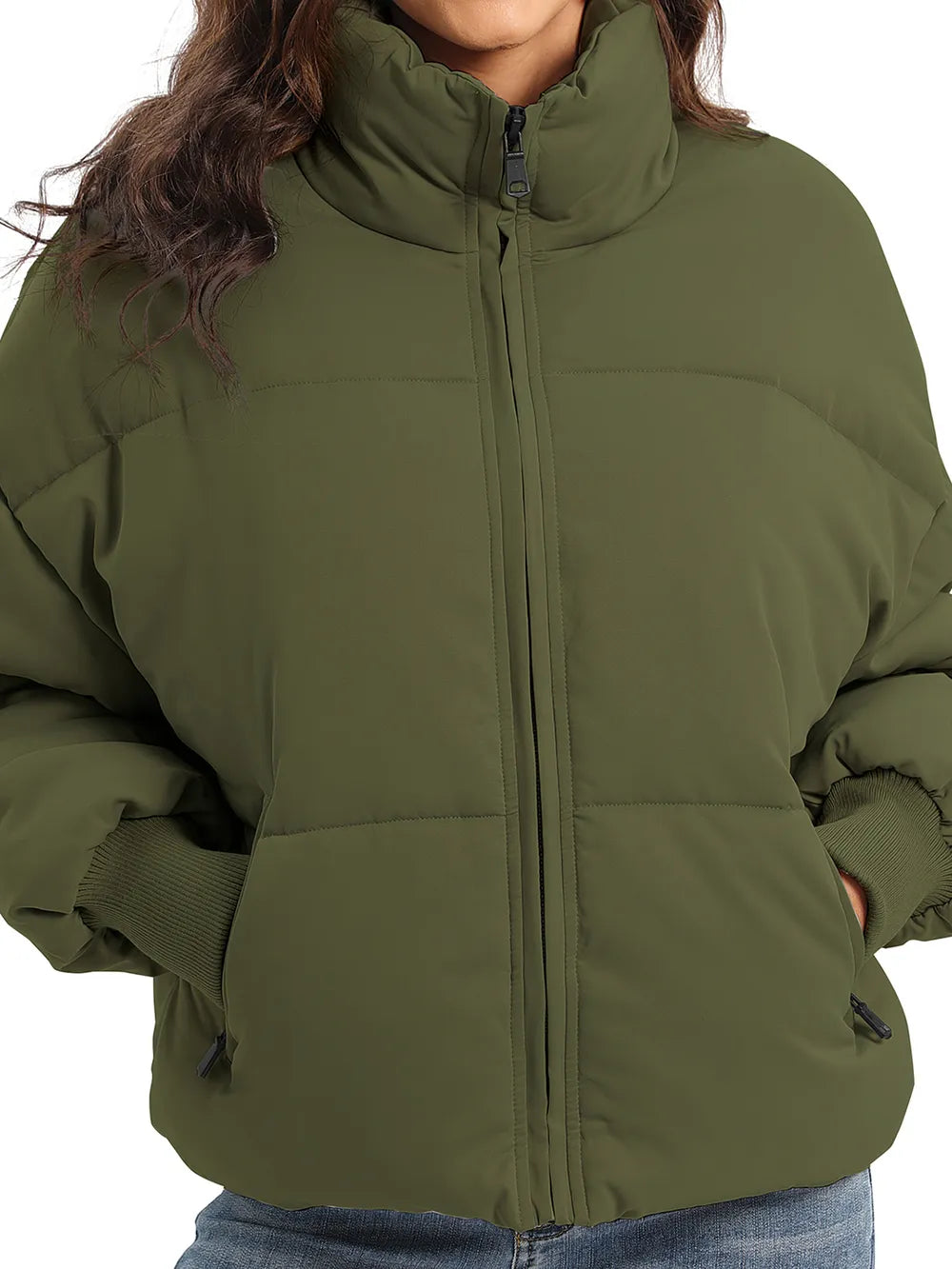 Olive green zip-up turtleneck puffer jacket with relaxed fit
