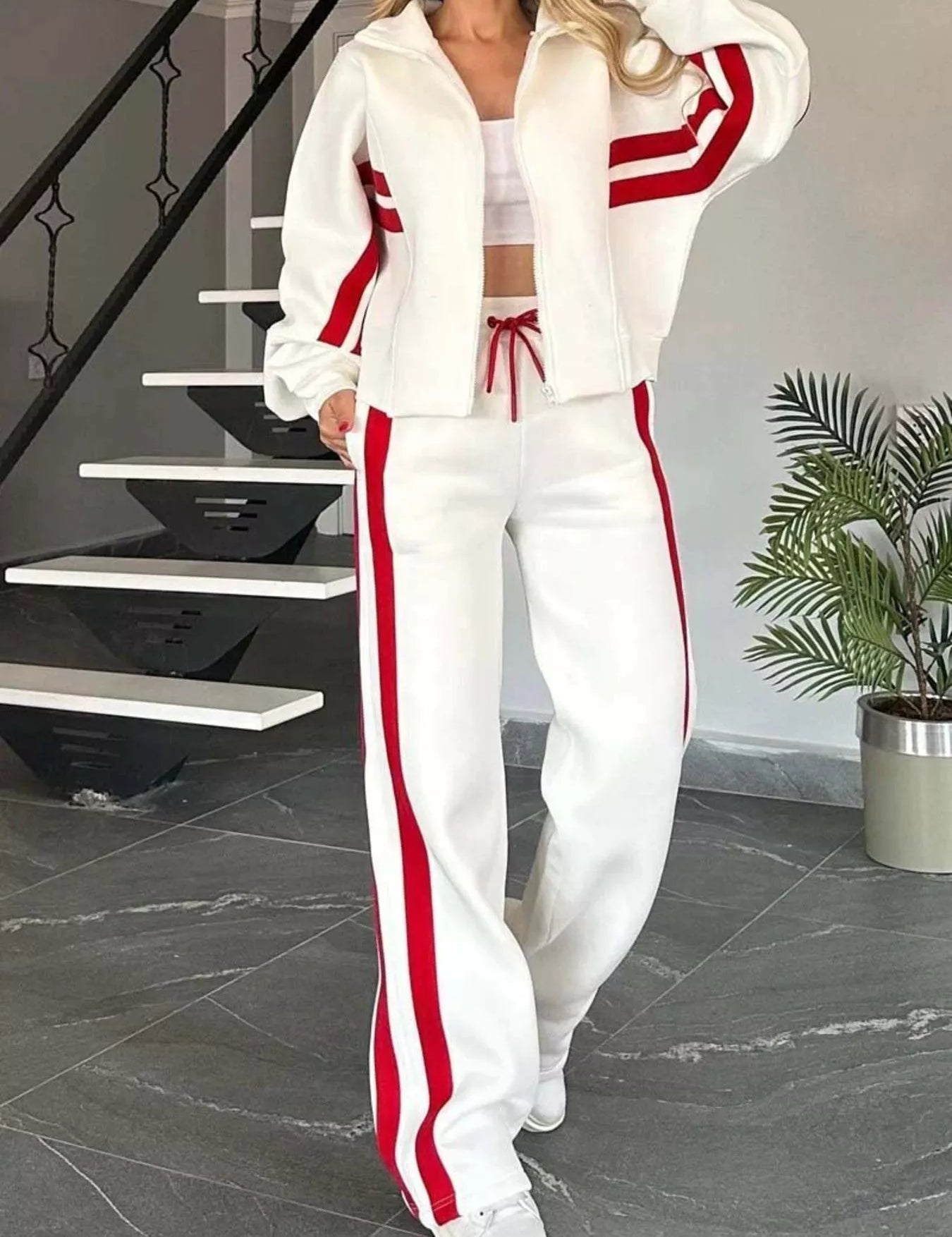 White Full Size Contrast Stripe Zip Up Jacket and Pants Set Plus Size | Loungewear Sets Daverri Fashions