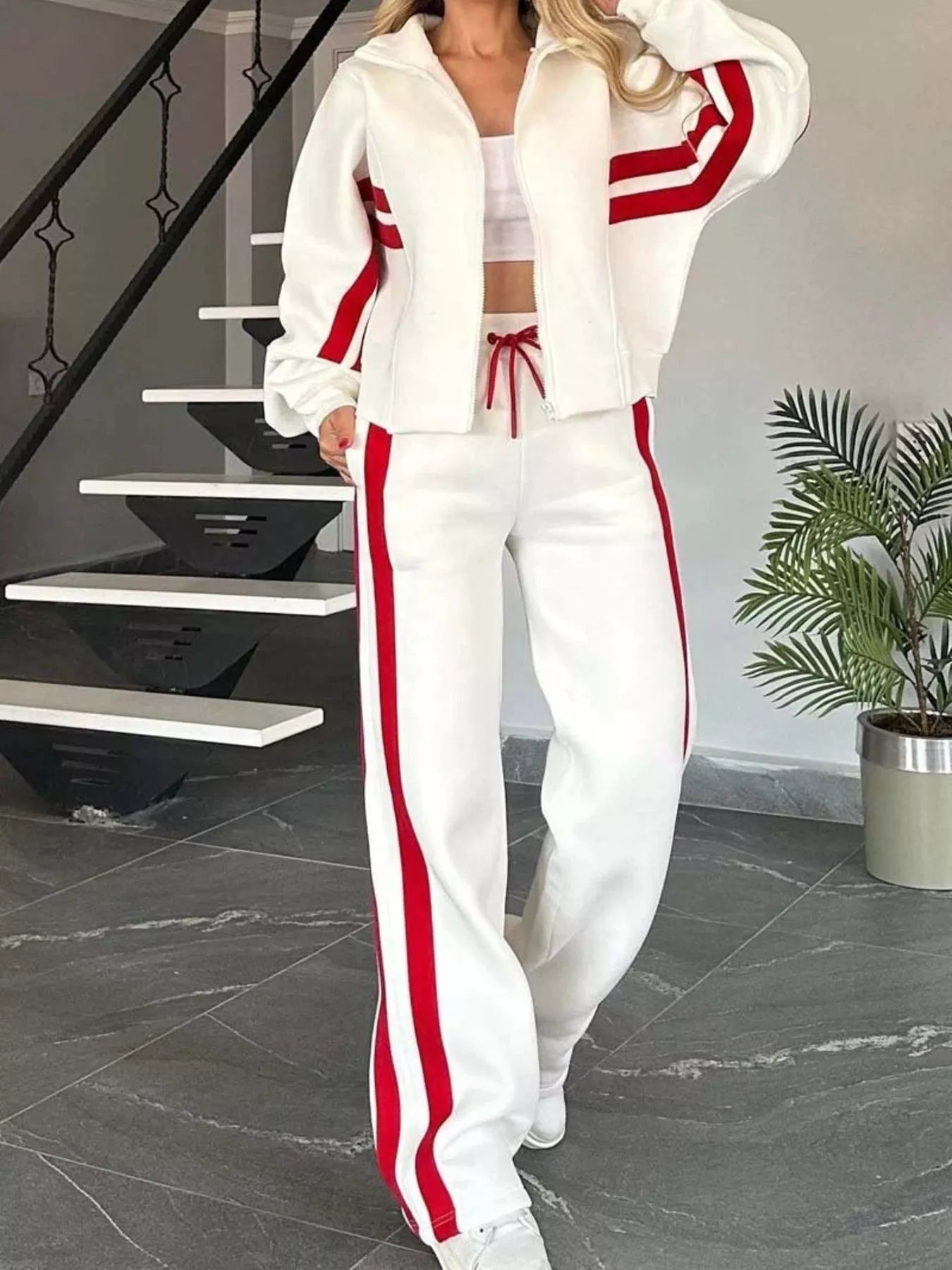 White Full Size Contrast Stripe Zip Up Jacket and Pants Set Plus Size | Loungewear Sets Daverri Fashions