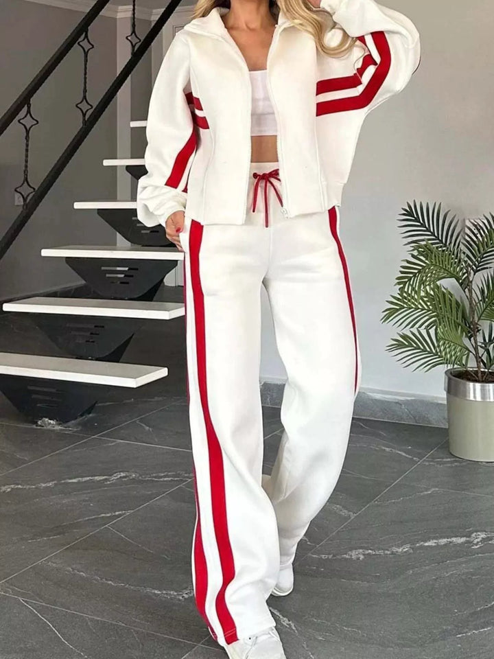 White Full Size Contrast Stripe Zip Up Jacket and Pants Set Plus Size | Loungewear Sets Daverri Fashions