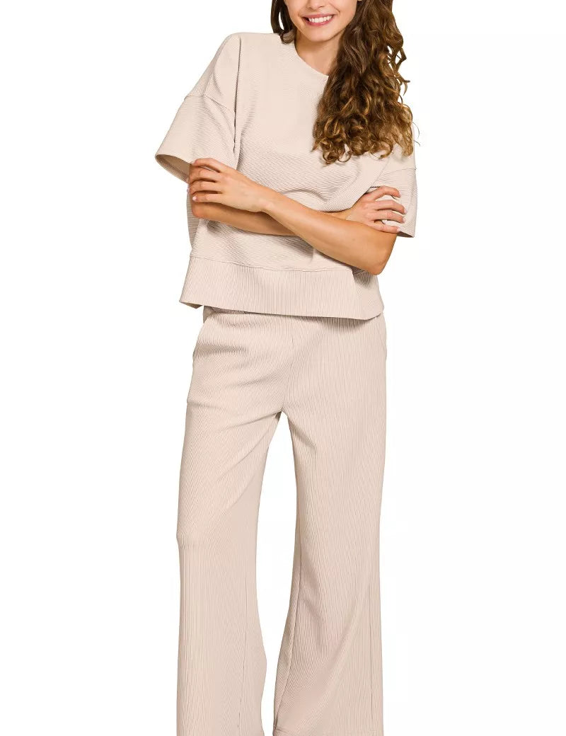 SAND BEIGE S Zenana Ribbed Round Neck Tee & Pants Set | Loungewear Sets Daverri Fashions