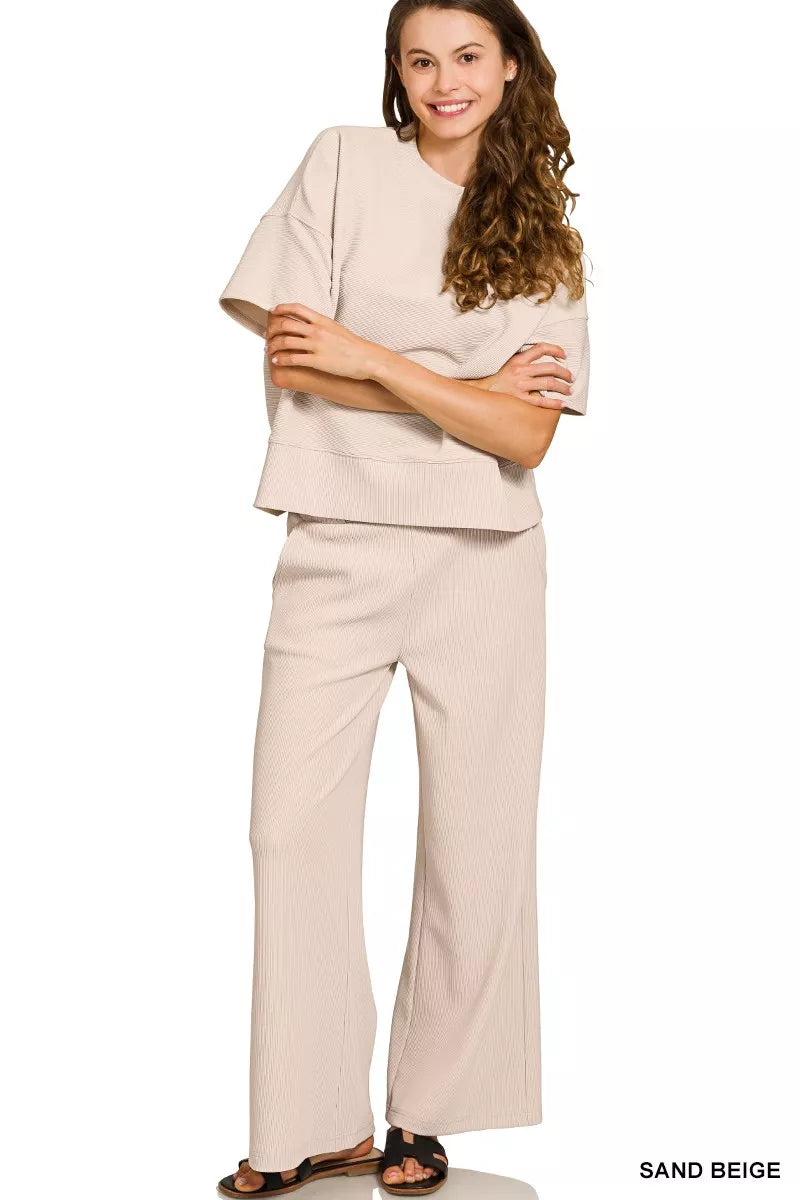 SAND BEIGE S Zenana Ribbed Round Neck Tee & Pants Set | Loungewear Sets Daverri Fashions