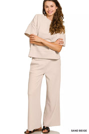 SAND BEIGE S Zenana Ribbed Round Neck Tee & Pants Set | Loungewear Sets Daverri Fashions
