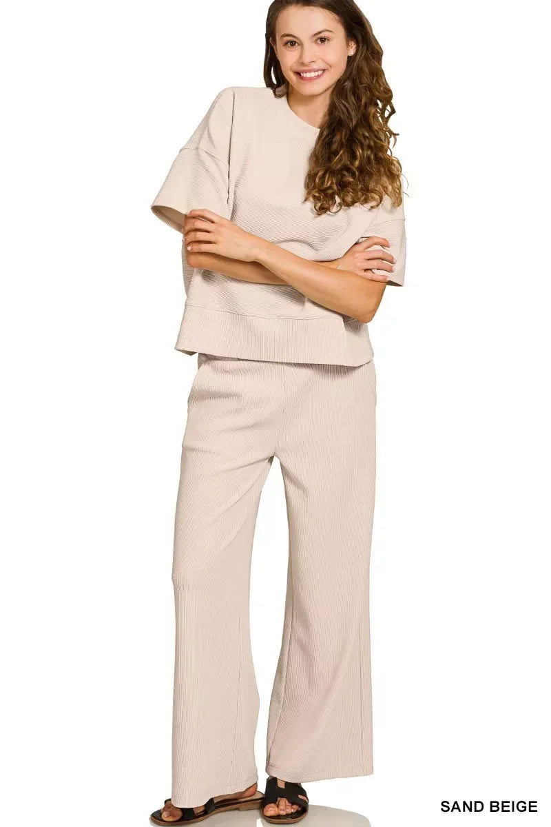 Zenana Ribbed Round Neck Tee & Pants Set - DAVERRI FASHIONS