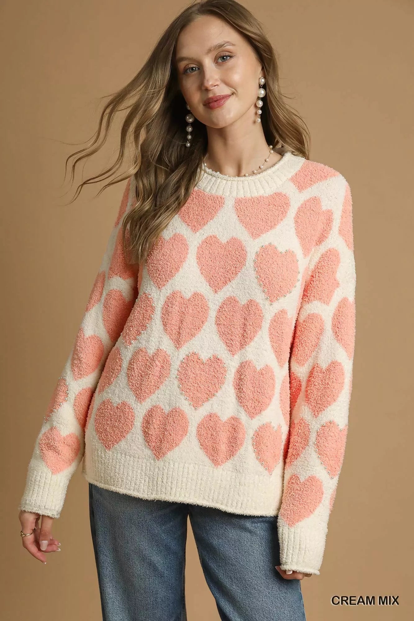 CREAM MIX Umgee Mix Heart Pattern Pearl Accent Sweater | Sweaters Daverri Fashions