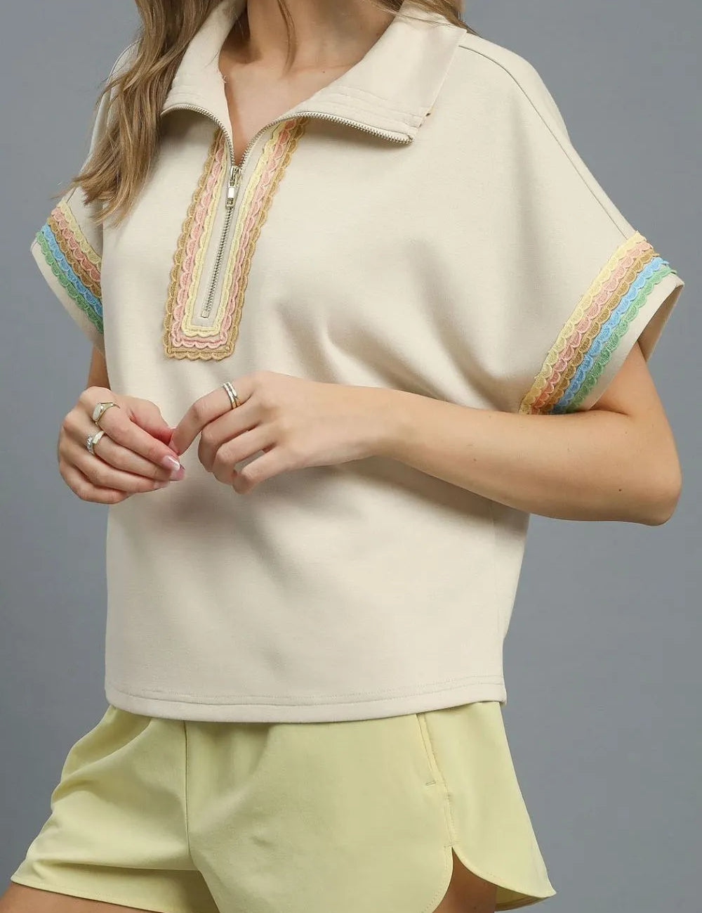 Umgee Contrast Trim Half Zip Collared Blouse | Blouses Daverri Fashions