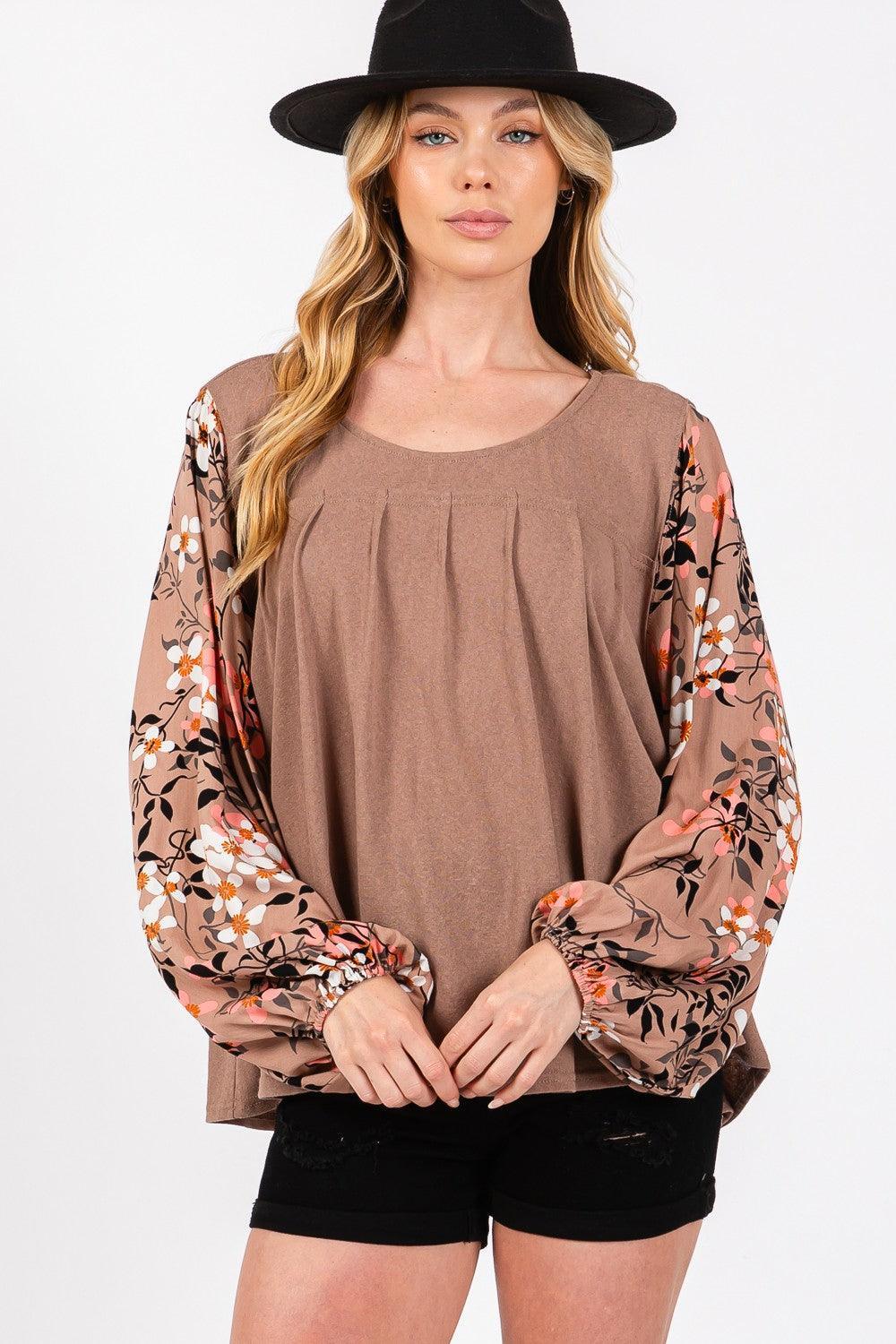 SAGE + FIG Floral Long Sleeve Front Pleated Detail Blouse - DAVERRI FASHIONS