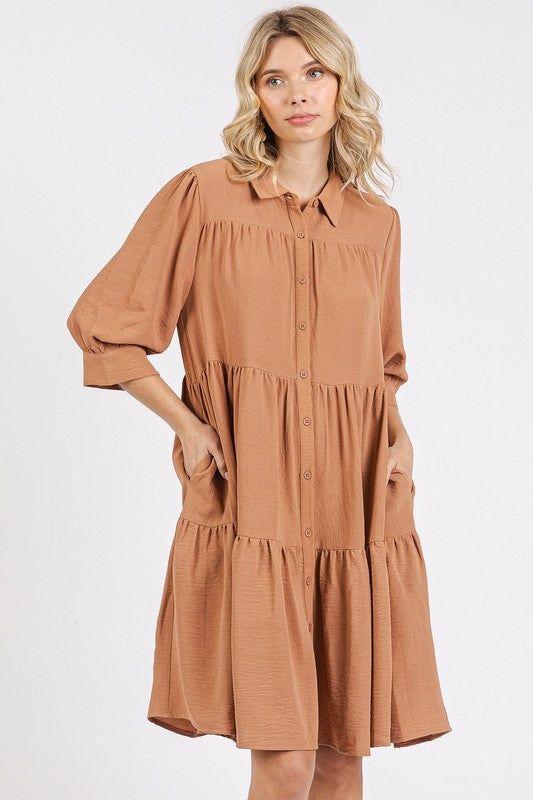 Mittoshop Button Detail Collared Neck Tiered Shirt Dress Ochre