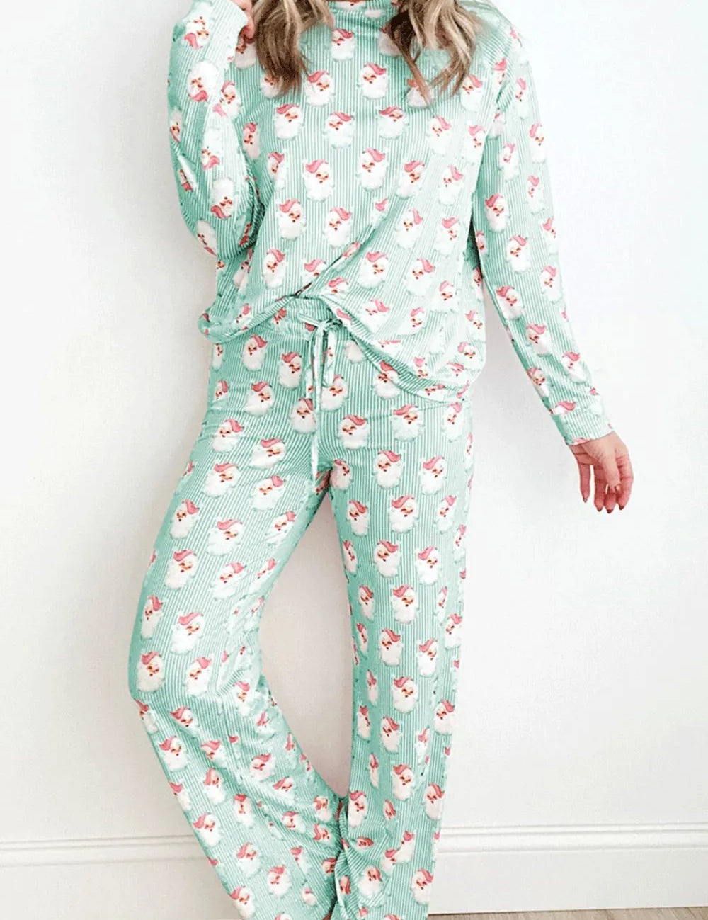 Light Green Santa Print Long Sleeve Top and Pants Lounge Set | Loungewear Sets Daverri Fashions