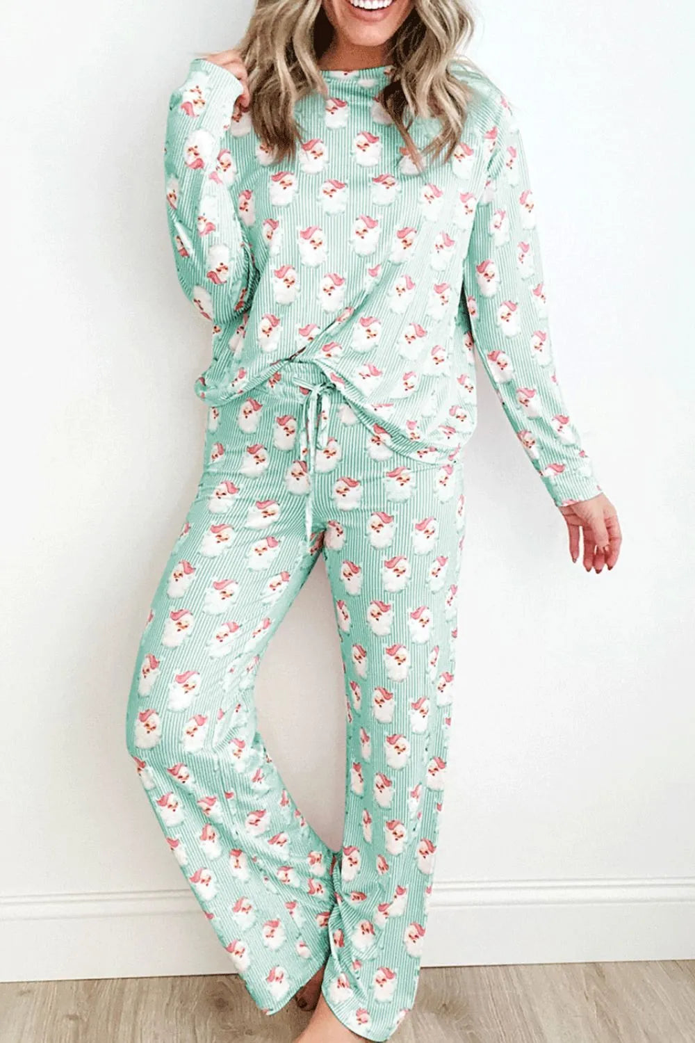 Light Green Santa Print Long Sleeve Top and Pants Lounge Set | Loungewear Sets Daverri Fashions