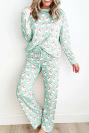 Light Green Santa Print Long Sleeve Top and Pants Lounge Set | Loungewear Sets Daverri Fashions