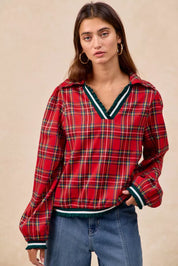 Red plaid BiBi Christmas collared top with hood and ruffles