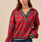 BiBi Christmas Plaid Collared Top with Ruffled Detail - DAVERRI FASHIONS