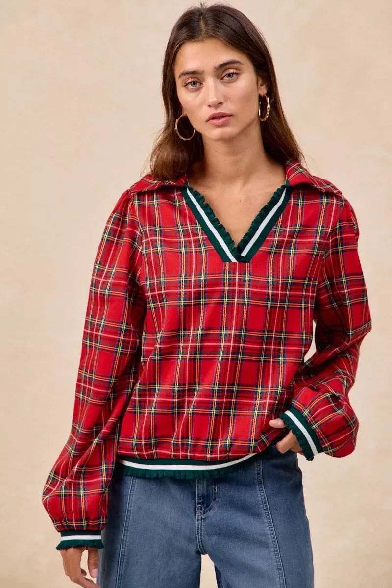 BiBi Christmas Plaid Collared Top with Ruffled Detail - DAVERRI FASHIONS