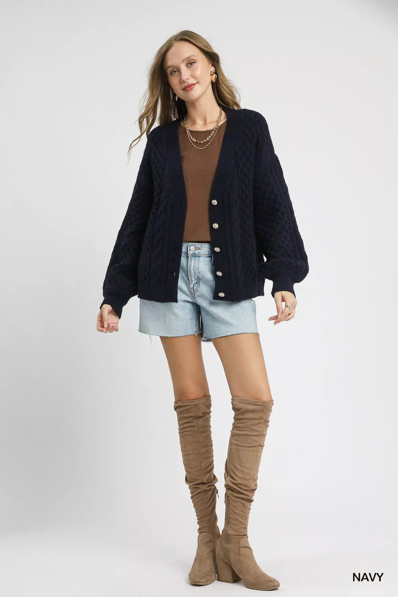 Umgee Cable Knit Pearl Button Cardigan | Cardigans Daverri Fashions