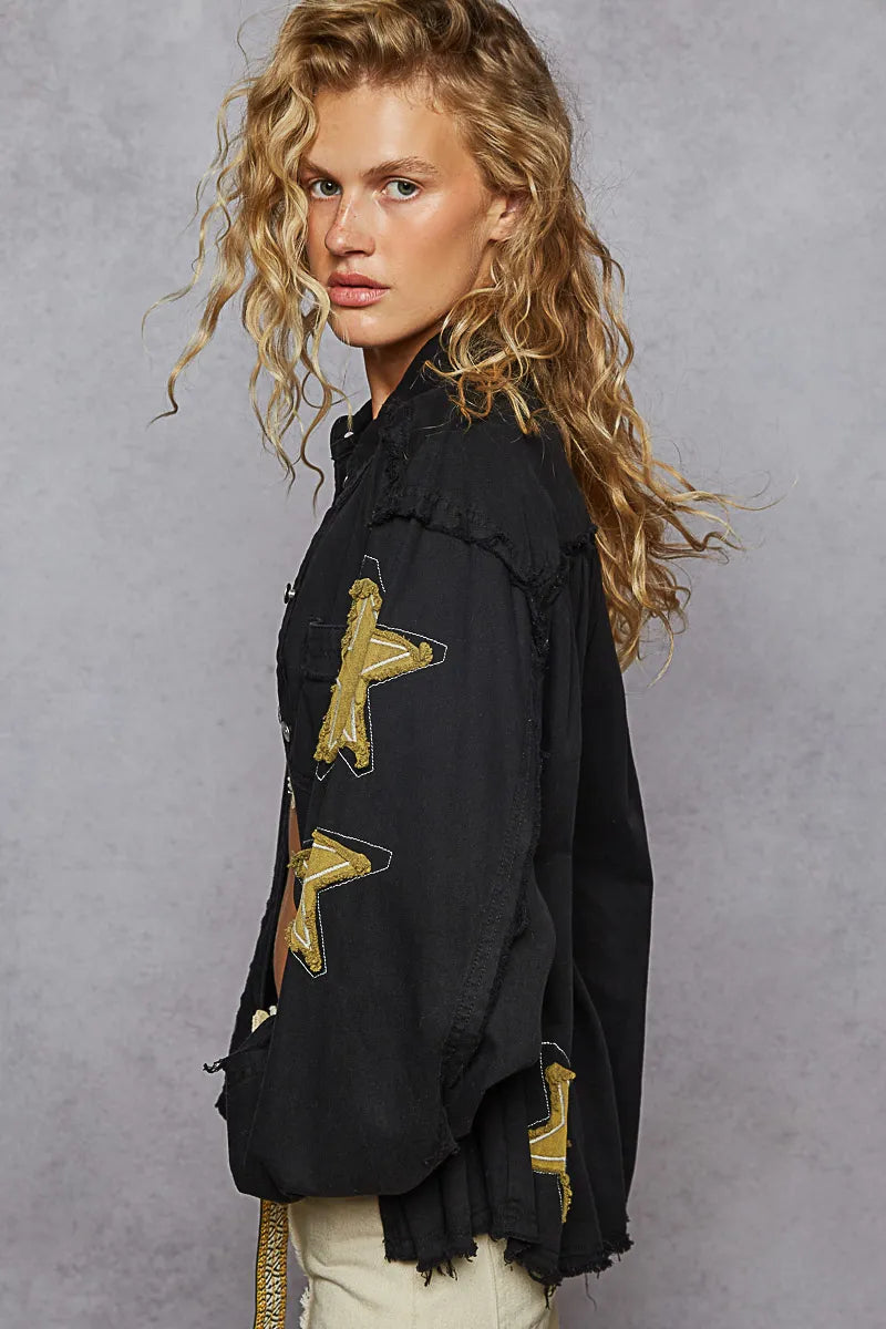 POL Star Patch Raw Hem Button Up Denim Jacket Denim Jackets