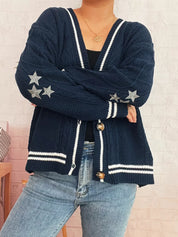 Star Pattern Button-Up Cardigan with Contrast Trim | Cardigans Daverri Fashions
