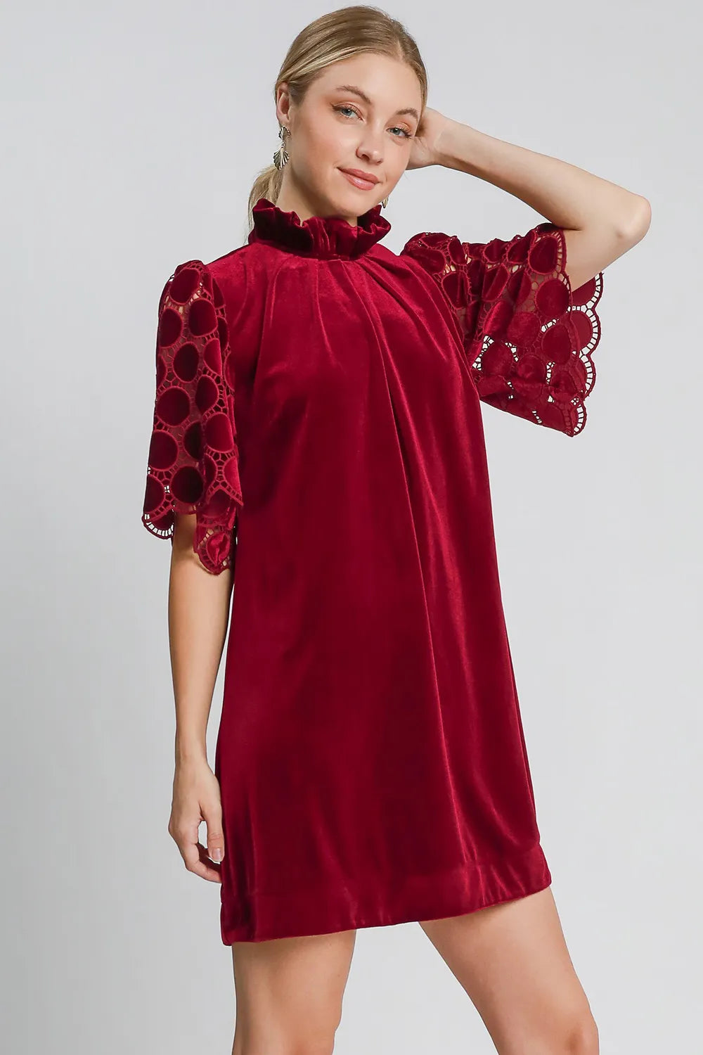 Umgee Dotted Lace Half Sleeve Mock Neck Back Tie Velvet Dress | Mini Dreses Daverri Fashions