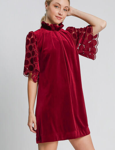 Umgee Dotted Lace Half Sleeve Mock Neck Back Tie Velvet Dress