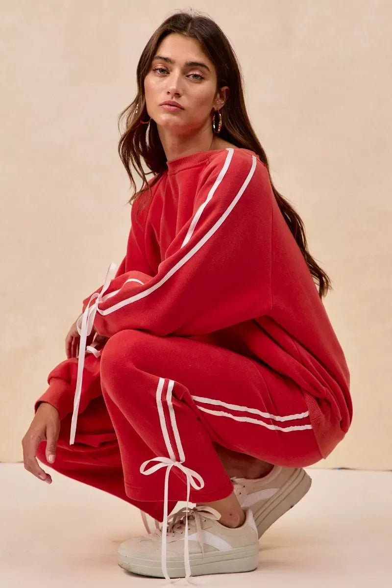 BiBi Side Lined Bow Details Fleece Sweatpants - DAVERRI FASHIONS