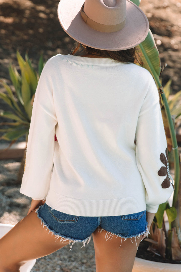 Coffee Big Flower Pattern V Neck Drop Shoulder Sweater | Sweaters & Cardigans/Sweaters Daverri Fashions