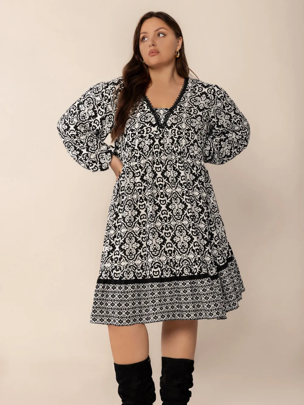 Plus Size Lace Detail Printed Balloon Sleeve Dress | Daverri Fashions