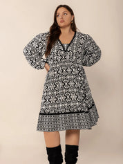Plus Size Lace Detail Printed Balloon Sleeve Dress | Daverri Fashions