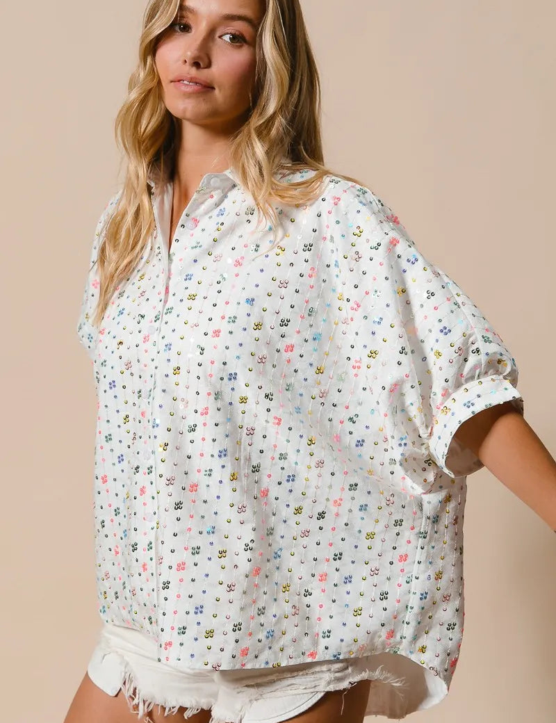 OFF WHITE BiBi Sequin Striped Short Dolman Sleeve Blouse | Daverri Fashions