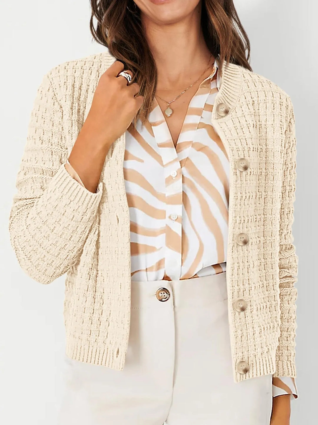 Apricot Textured Knit Button-Front Cardigan | Cardigans Daverri Fashions