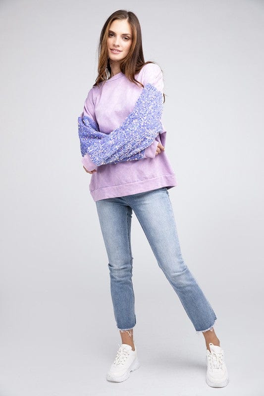 Velvet Sequin Sleeve Mineral Washed Top Shirts & Tops