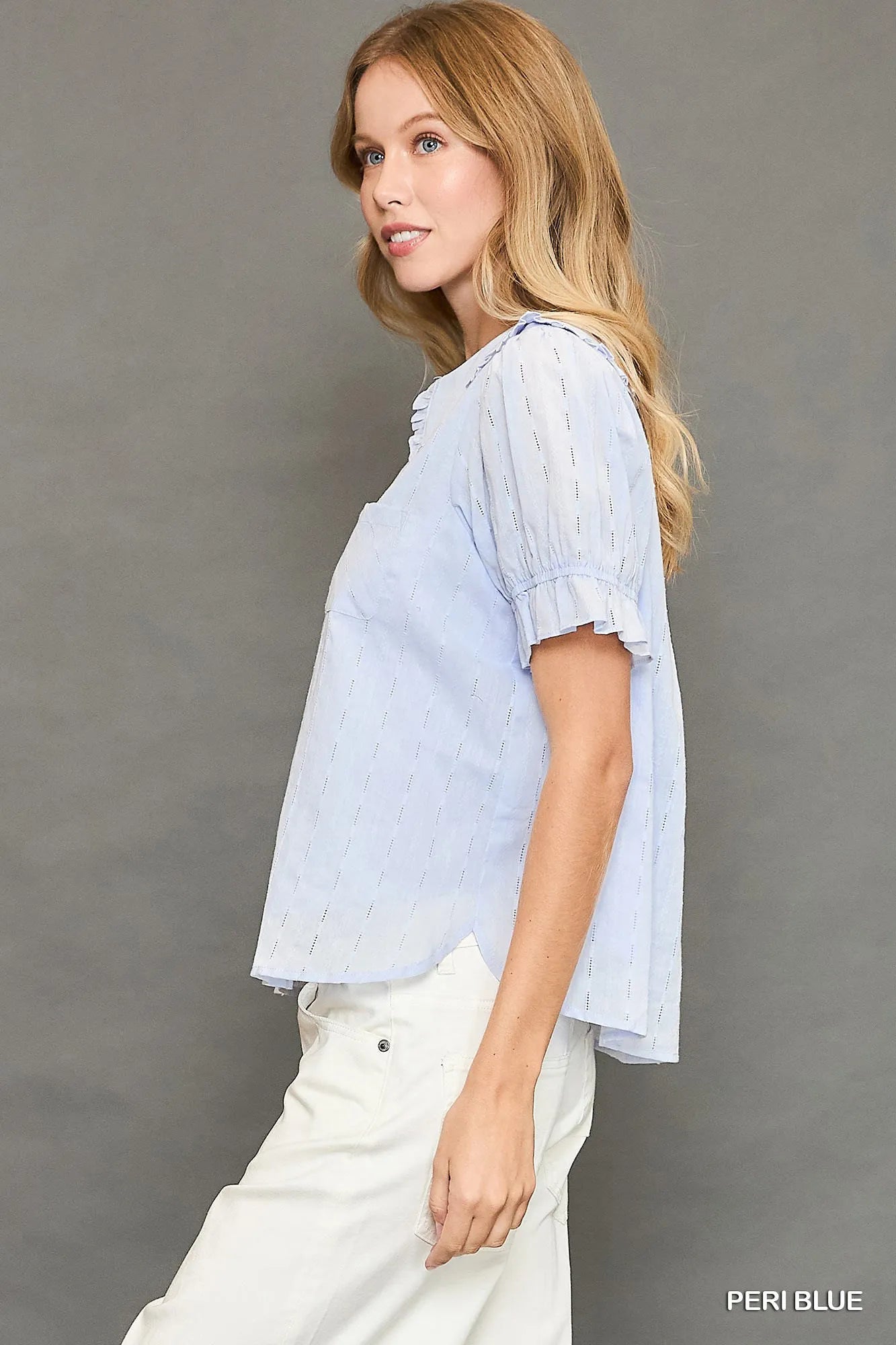 Peri blue short-sleeved Peter Pan collared blouse with eyelet and ruffle details