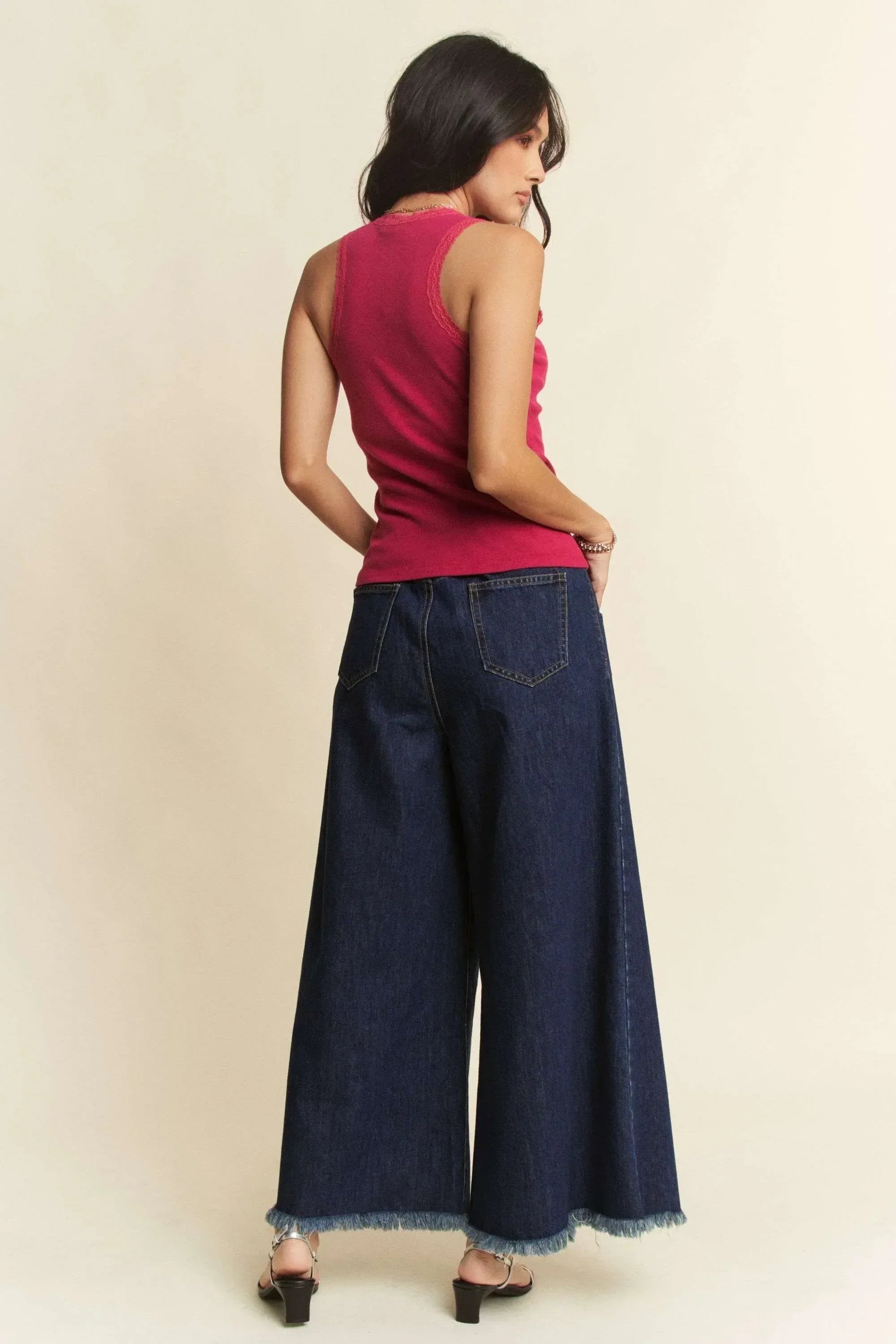 Davi & Dani Patch Pocket Wide Leg Culotte Jeans - DAVERRI FASHIONS