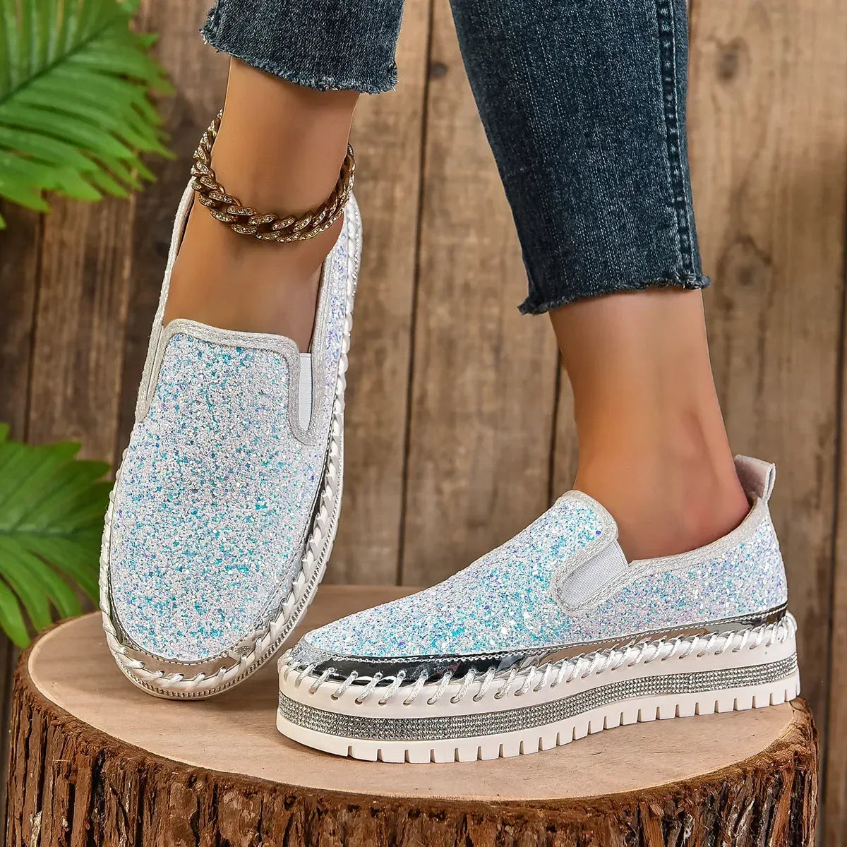 Rhinestone Round Toe Platform Loafers - DAVERRI FASHIONS