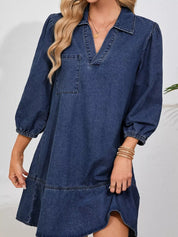 Navy V Neck Collared Single Chest Pocket Long Sleeve Denim Dress | Mini Dresses Daverri Fashions