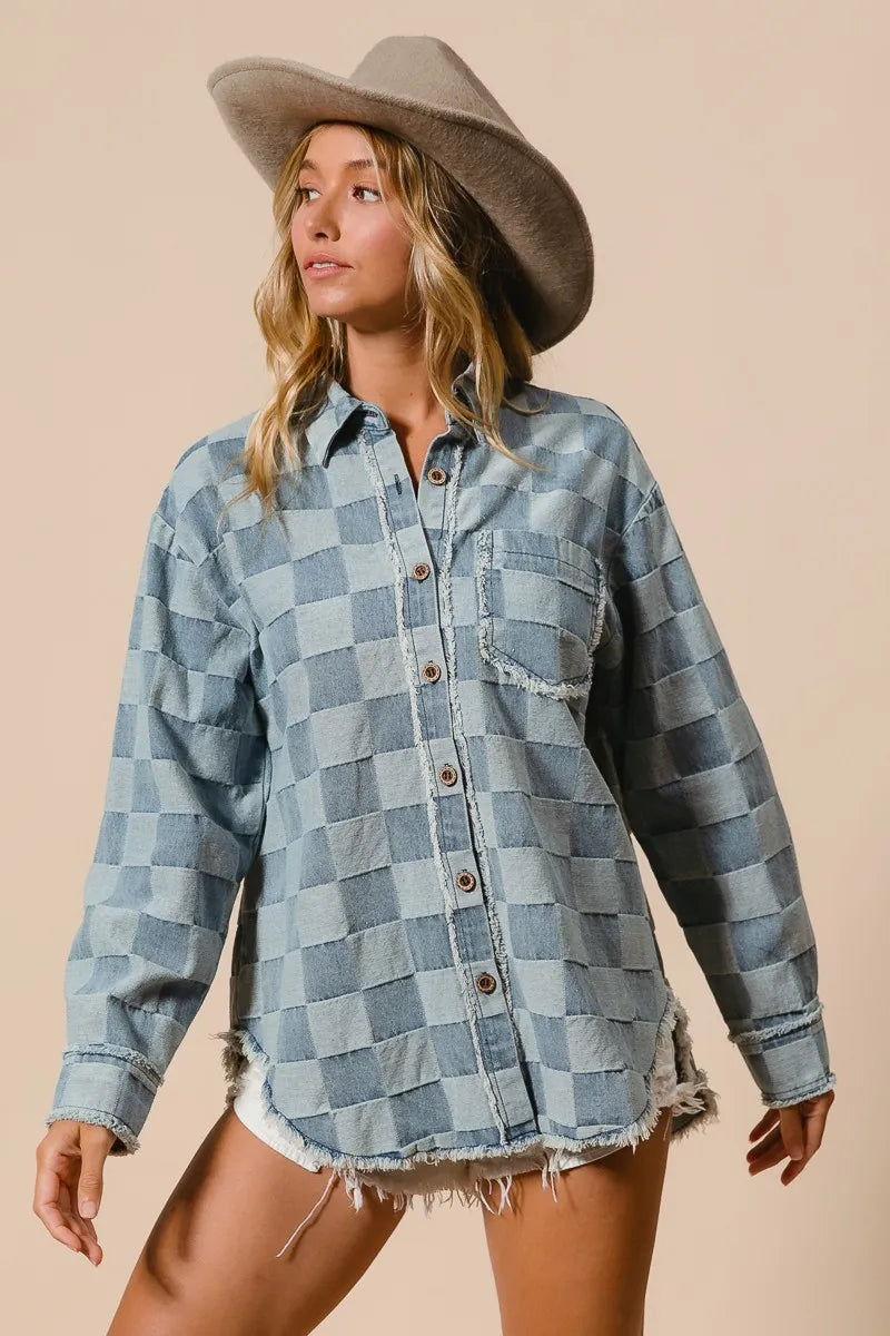 BiBi Frayed Edged Detail Washed Checker Denim Shirt Shirts