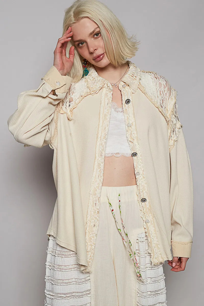 Cream POL Lace Patchwork Button Up Shacket | Shackets Daverri Fashions