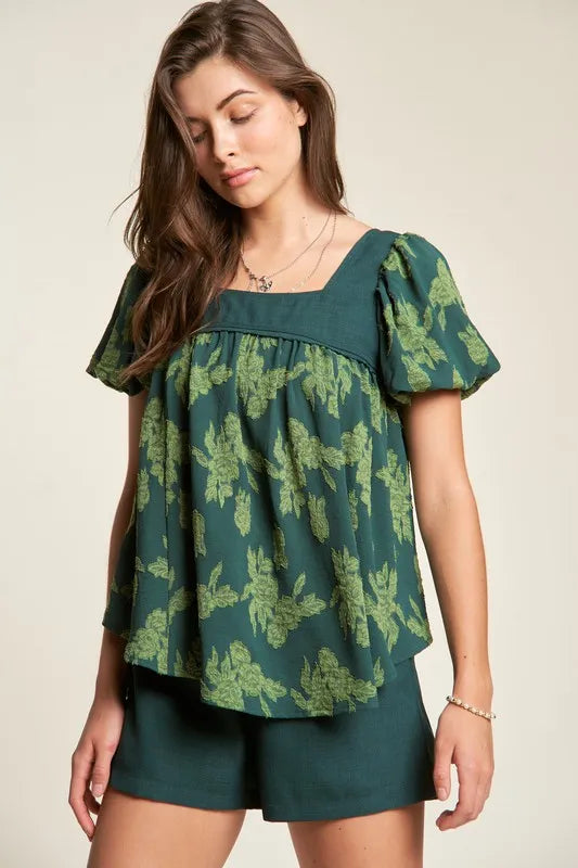 Davi & Dani Nature Printed Square Neck Puff Sleeve Blouse