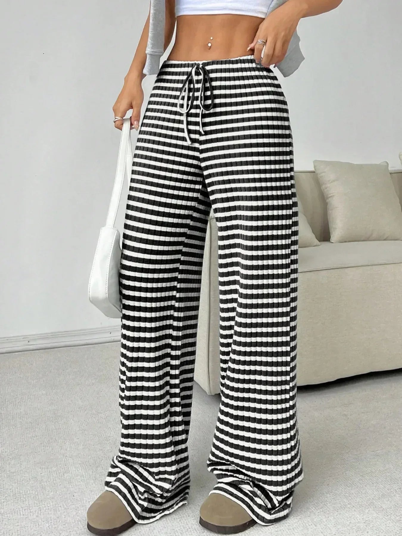 Striped Wide Leg Drawstring Pants - DAVERRI FASHIONS